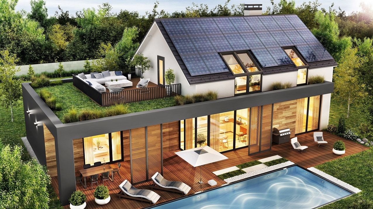 luxury house with solar panel roof